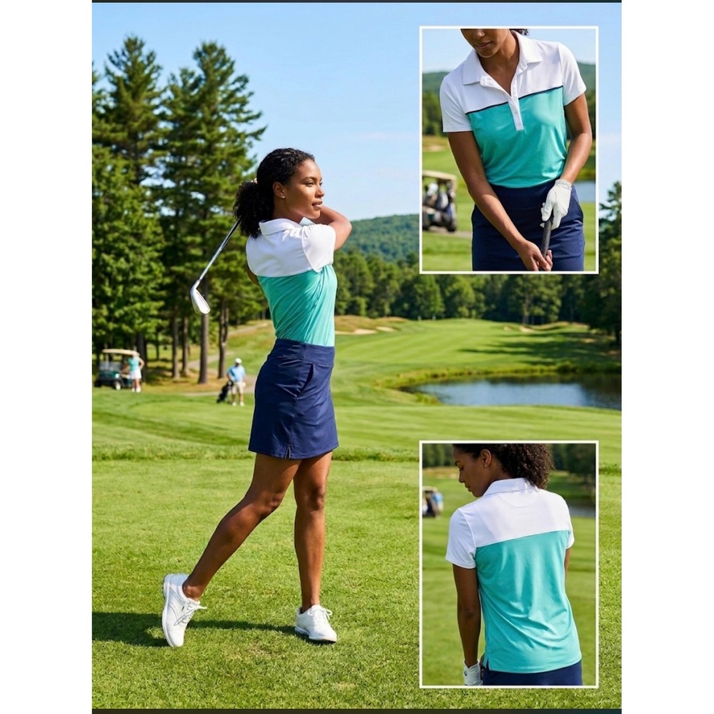 Crown & Ivy Golf Shirt Womens Small Teal White Colorblock Performance Polo Top